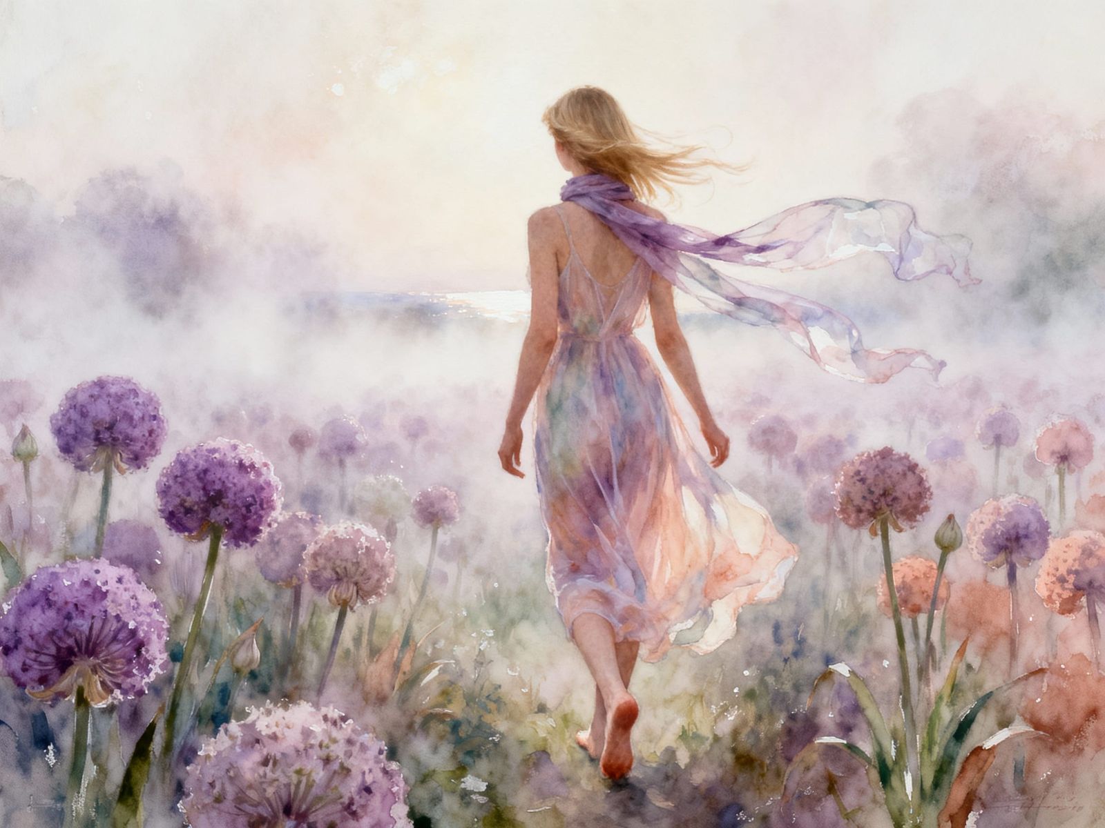 Impressionist Woman in Fog with Flowering Garlic Field