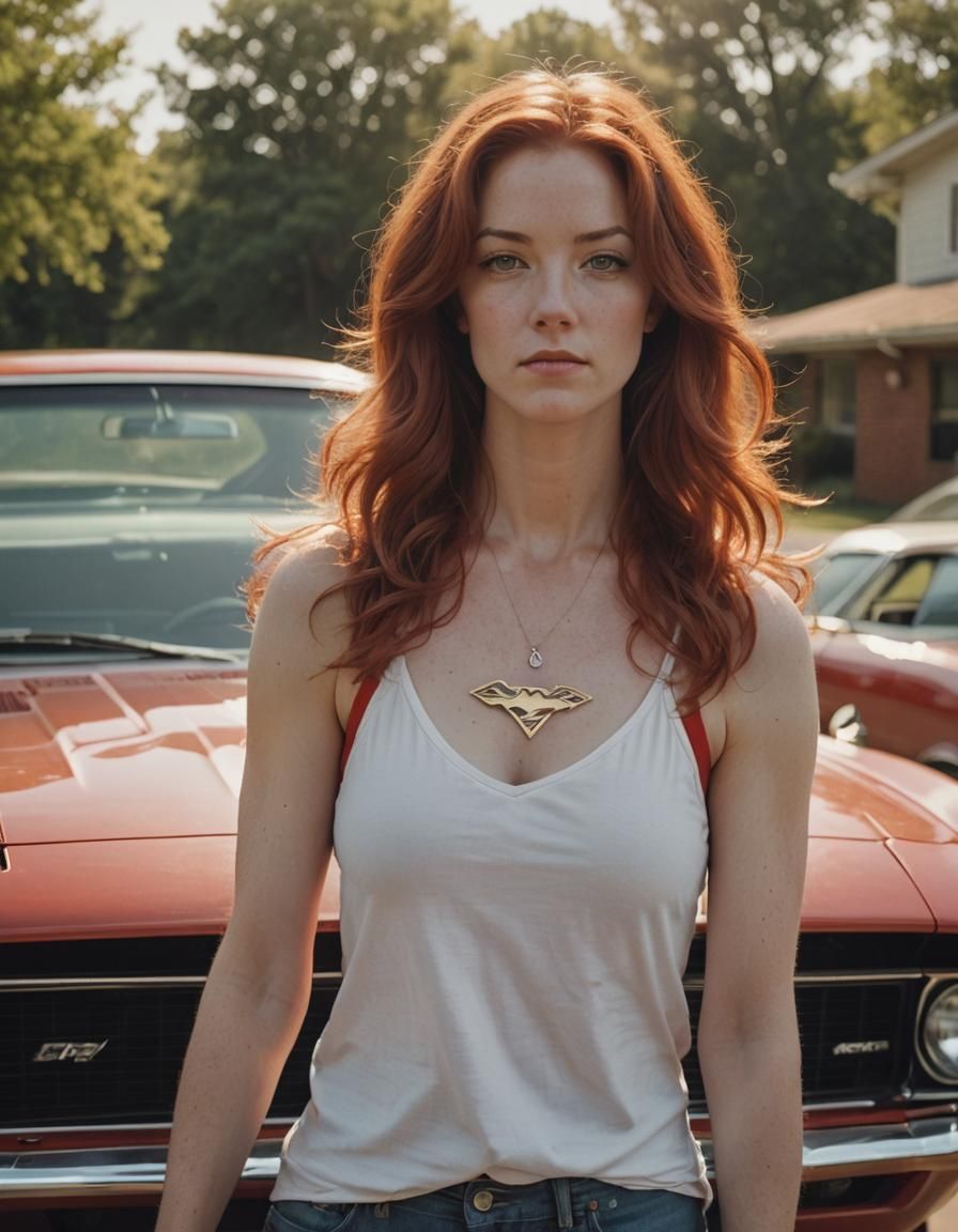 Woman in 70s Fashion Poses with 1969 Camaro