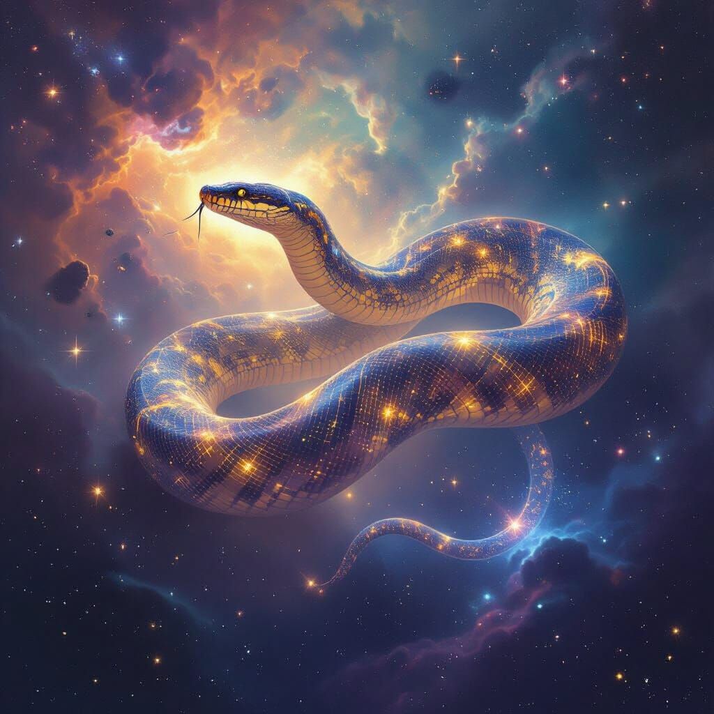 Bioluminescent Anaconda Drifting Through Nebula as Surreal P...