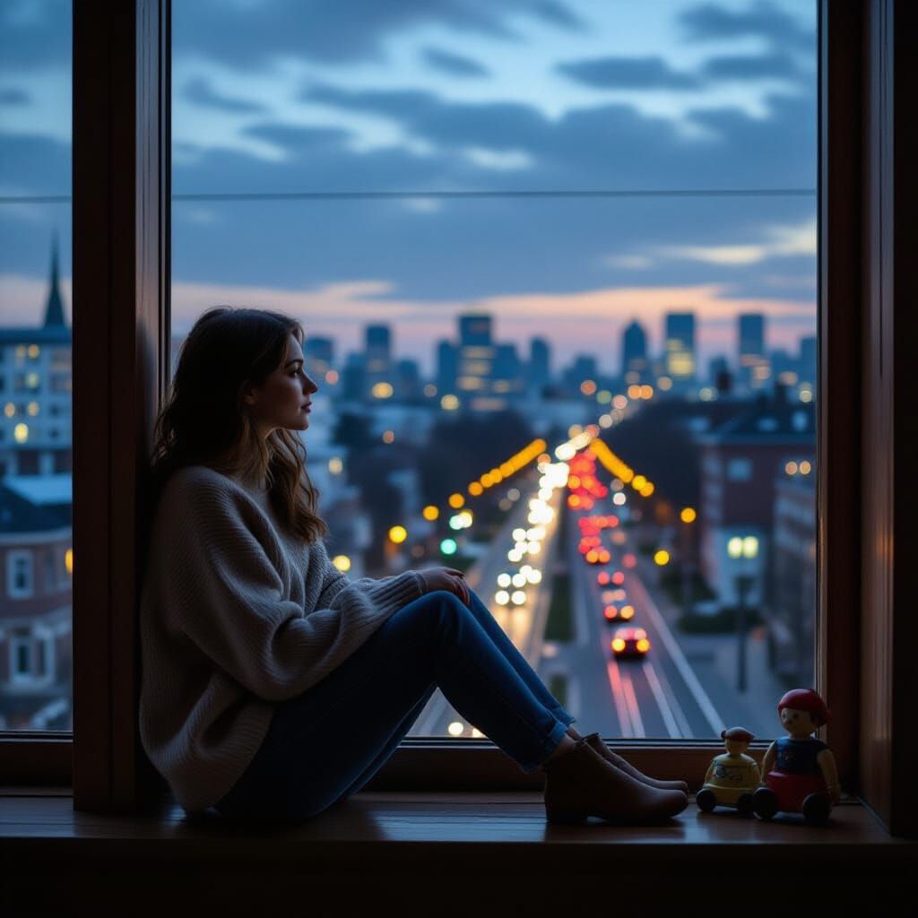 Woman Gazing at City Lights from 6th Floor Window