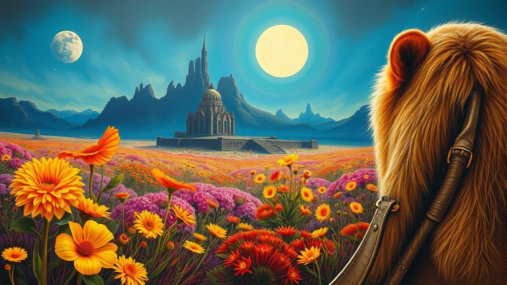 Surreal Lion's Eye View of Solarpunk Garden in Cyberpunk Sty...