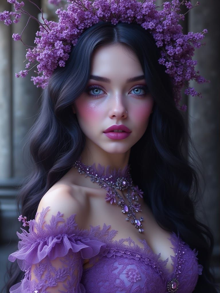 Gothic Woman with Lilac Flowers: Airbrushed Chalk Art