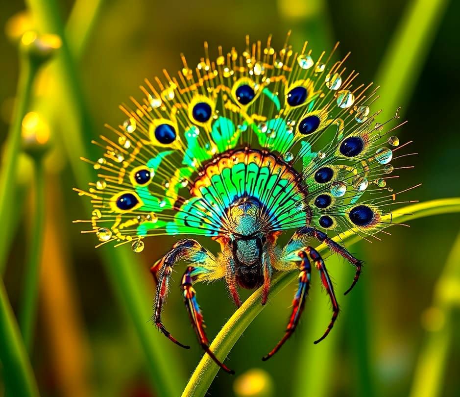 Hyperrealistic Peacock Spider in Iridescent Courtship Dance