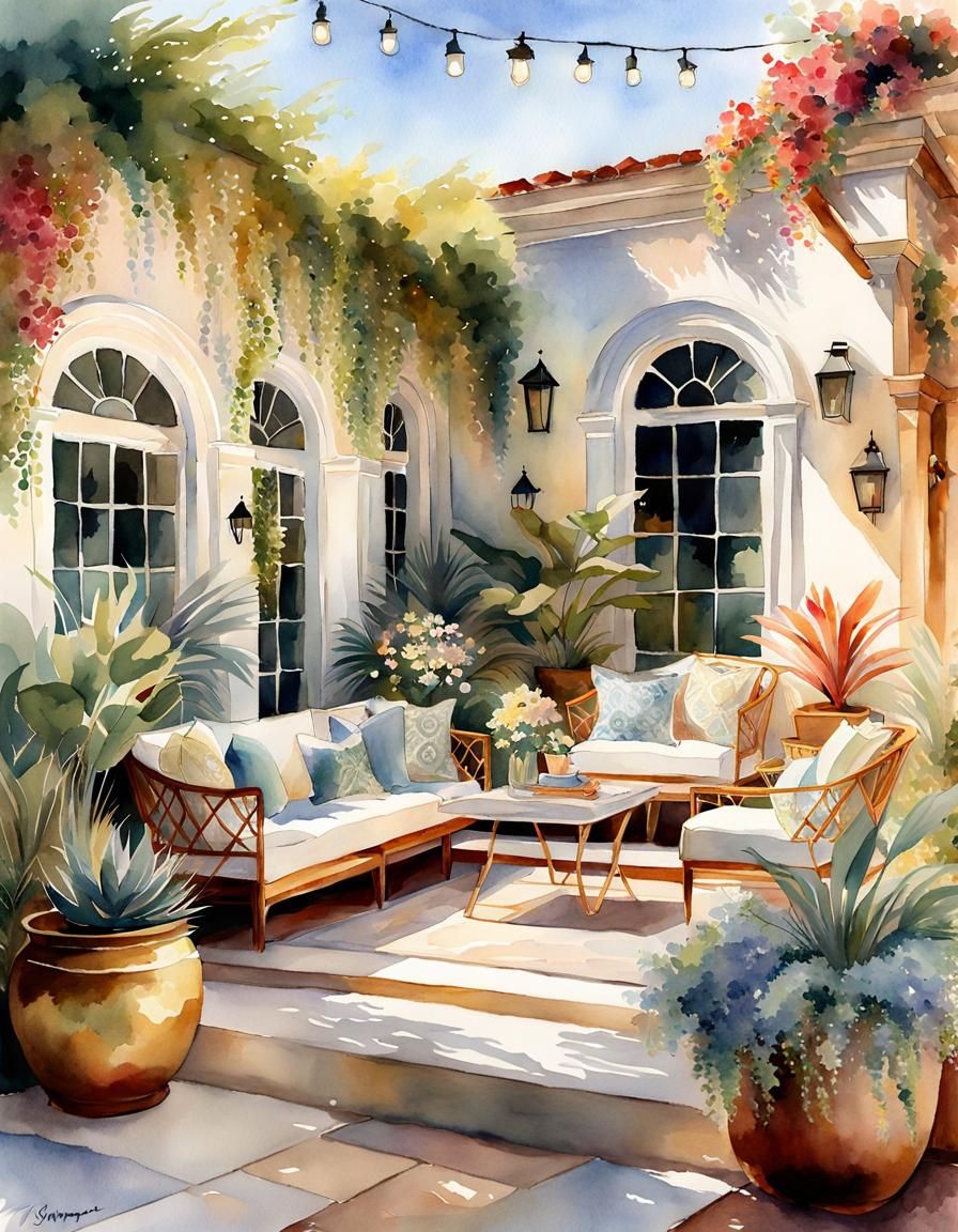 Boho Chic Villa Patio in Watercolor Style