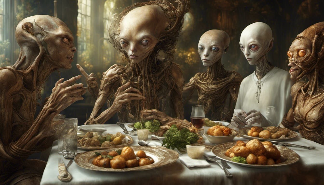 Futuristic Alien Bistro Feast in Dreamlike Magical Realism