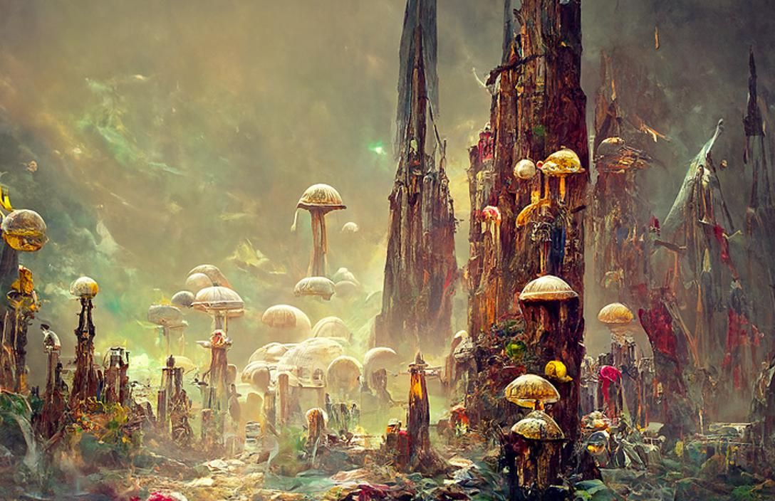 Mushroom City on Cliffside in Sci-Fi Style
