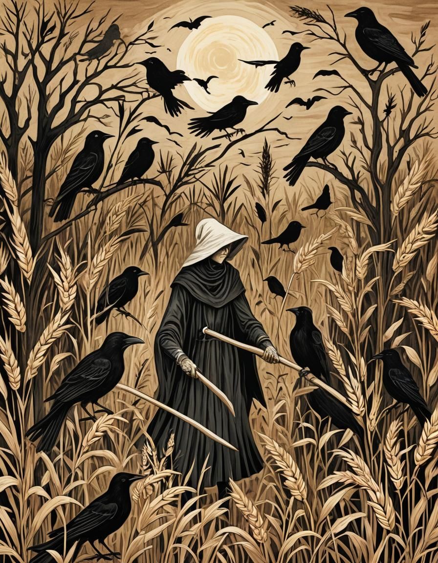 Eerie Folk Art Woodcut: Crows, Scythe, and Pagan Sun