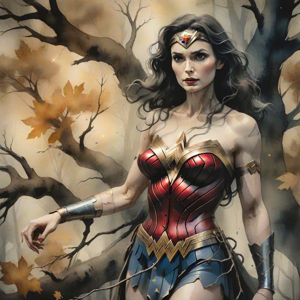 Wonder Woman in Dark Forest Watercolor