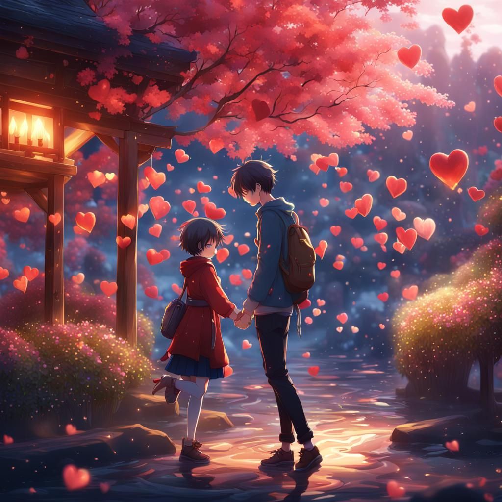 Romantic Anime Couple Surrounded by Hearts