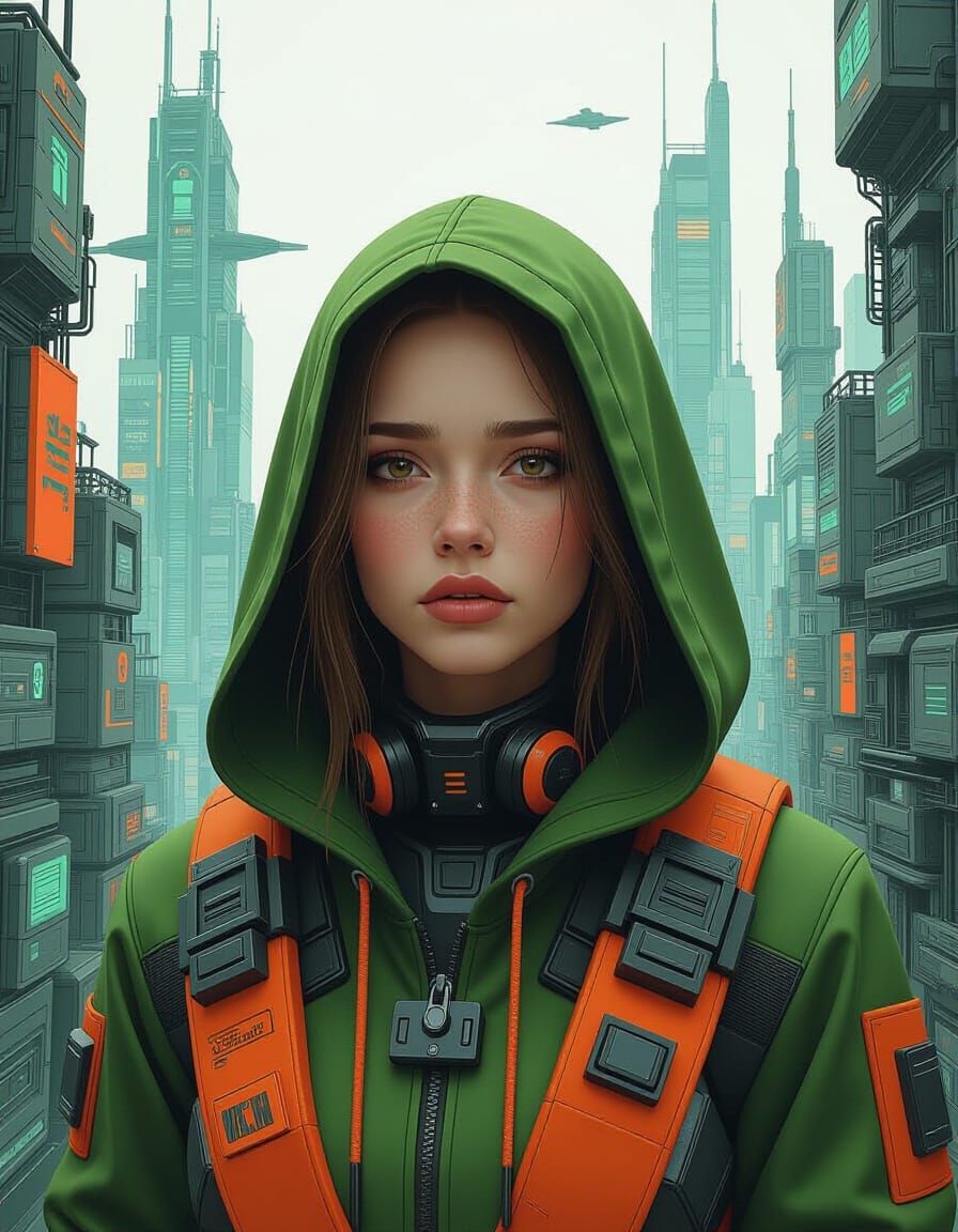 Futuristic Green and Orange Cityscape Portrait