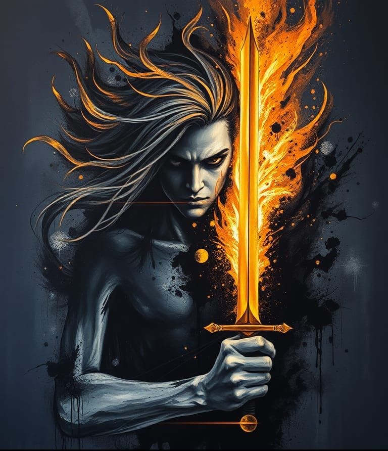 Dynamic Flame Haired Figure in Splatter Paint Art