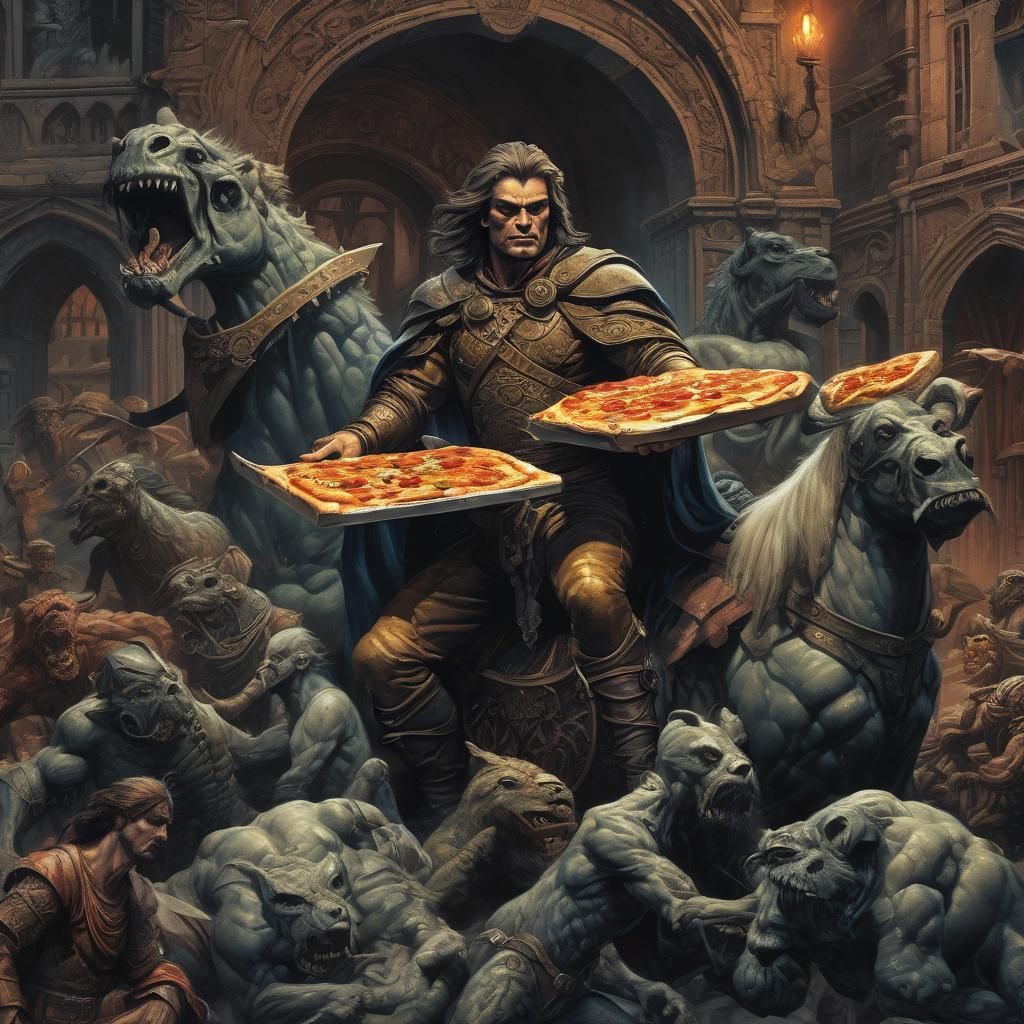 Dark Medieval Pizza Delivery in Digital Art Style
