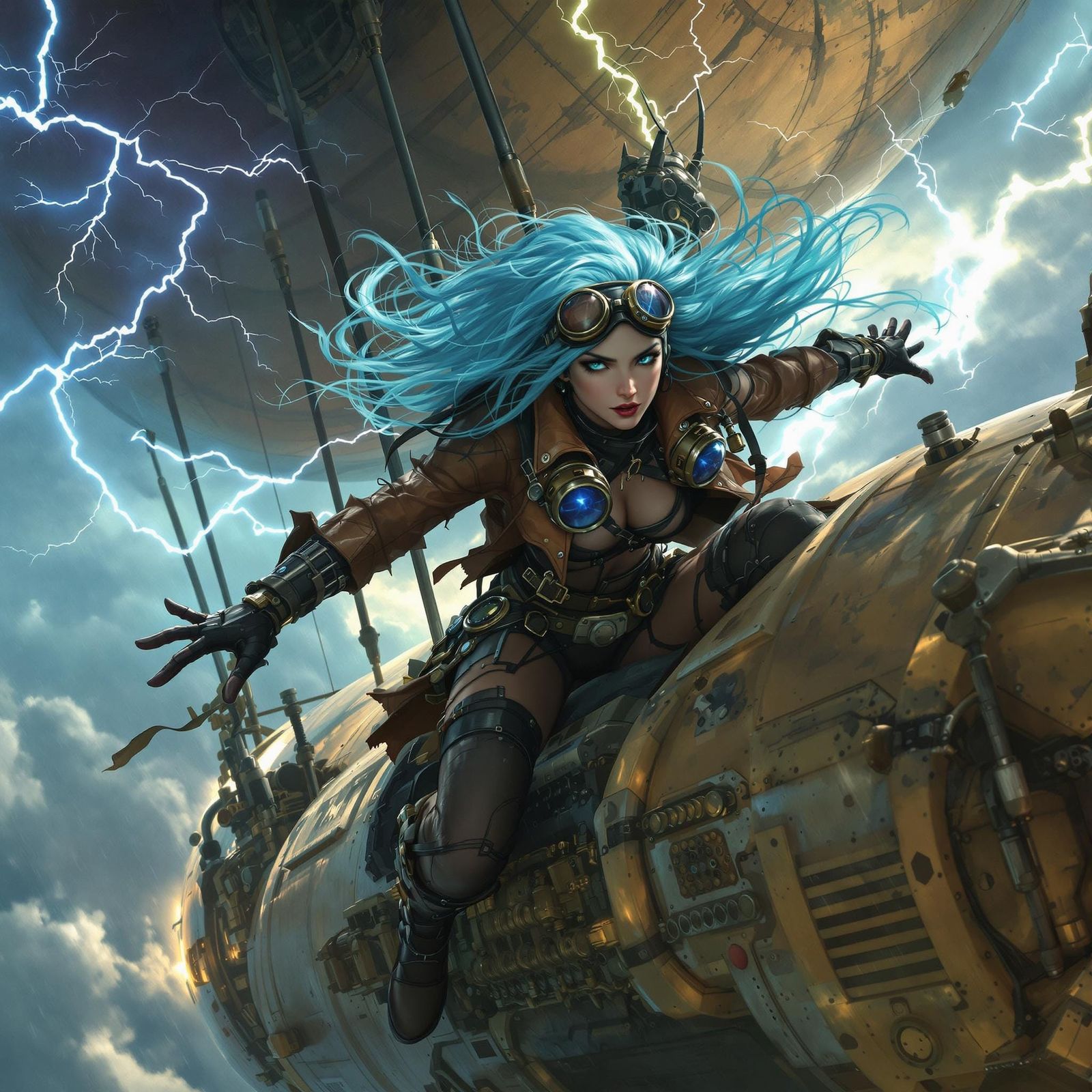 Dieselpunk Valkyrie Soaring on Zeppelin in Storm