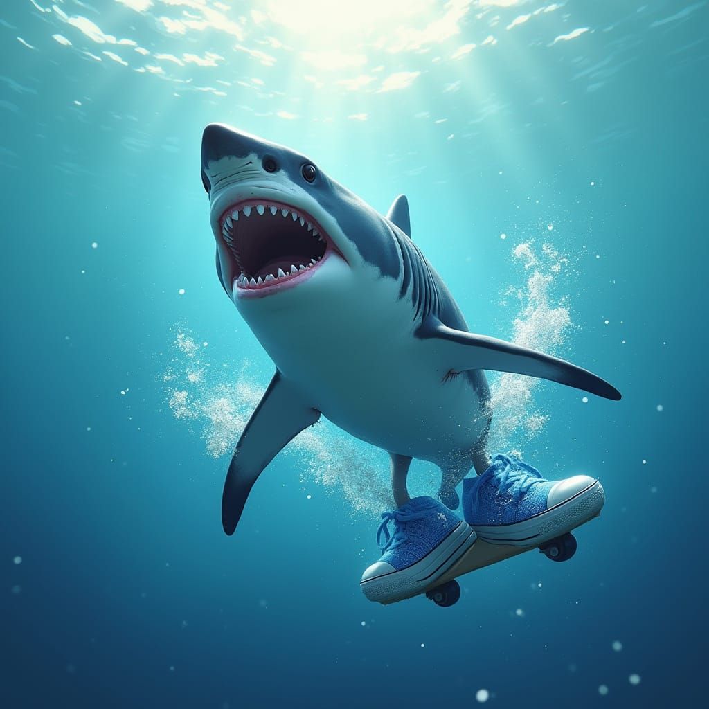 Shark with Blue Shoes Gliding Through Sea