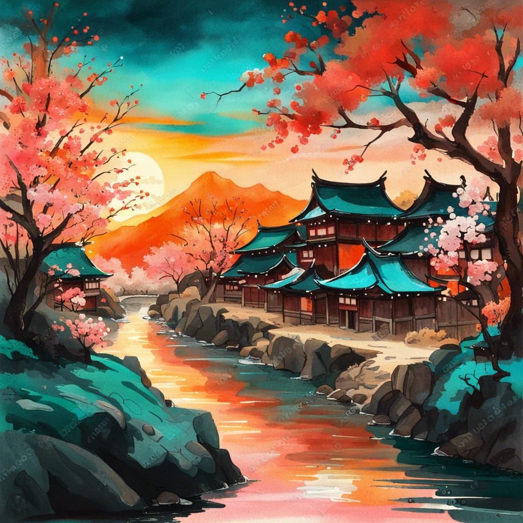 Edo Village in Crimson Sakura Forest