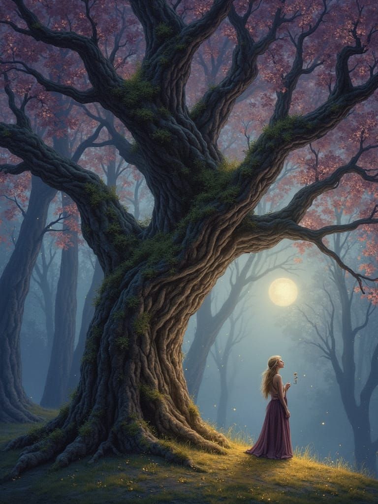 Ancient Elm Tree in Twilight Forest with Whispering Crone