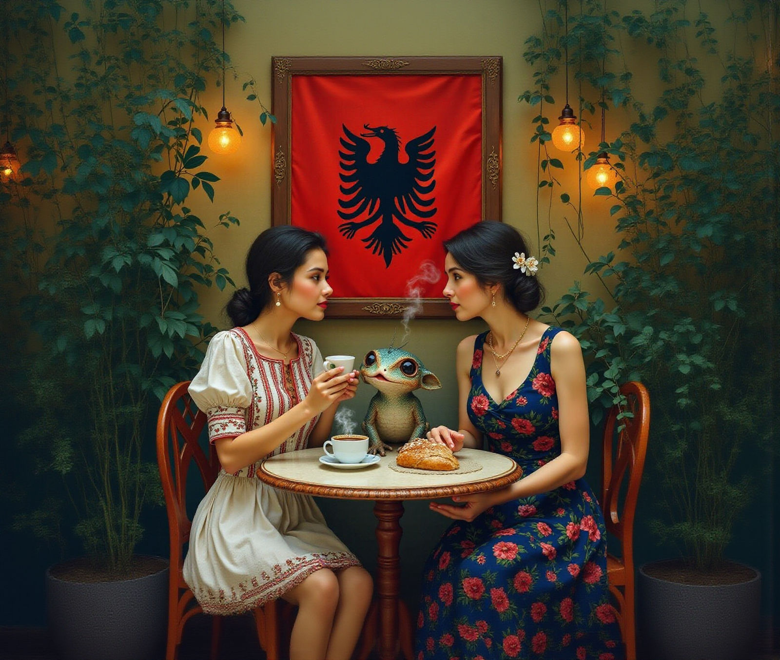 Seurat-Inspired Cafe Scene with Whimsical Creature