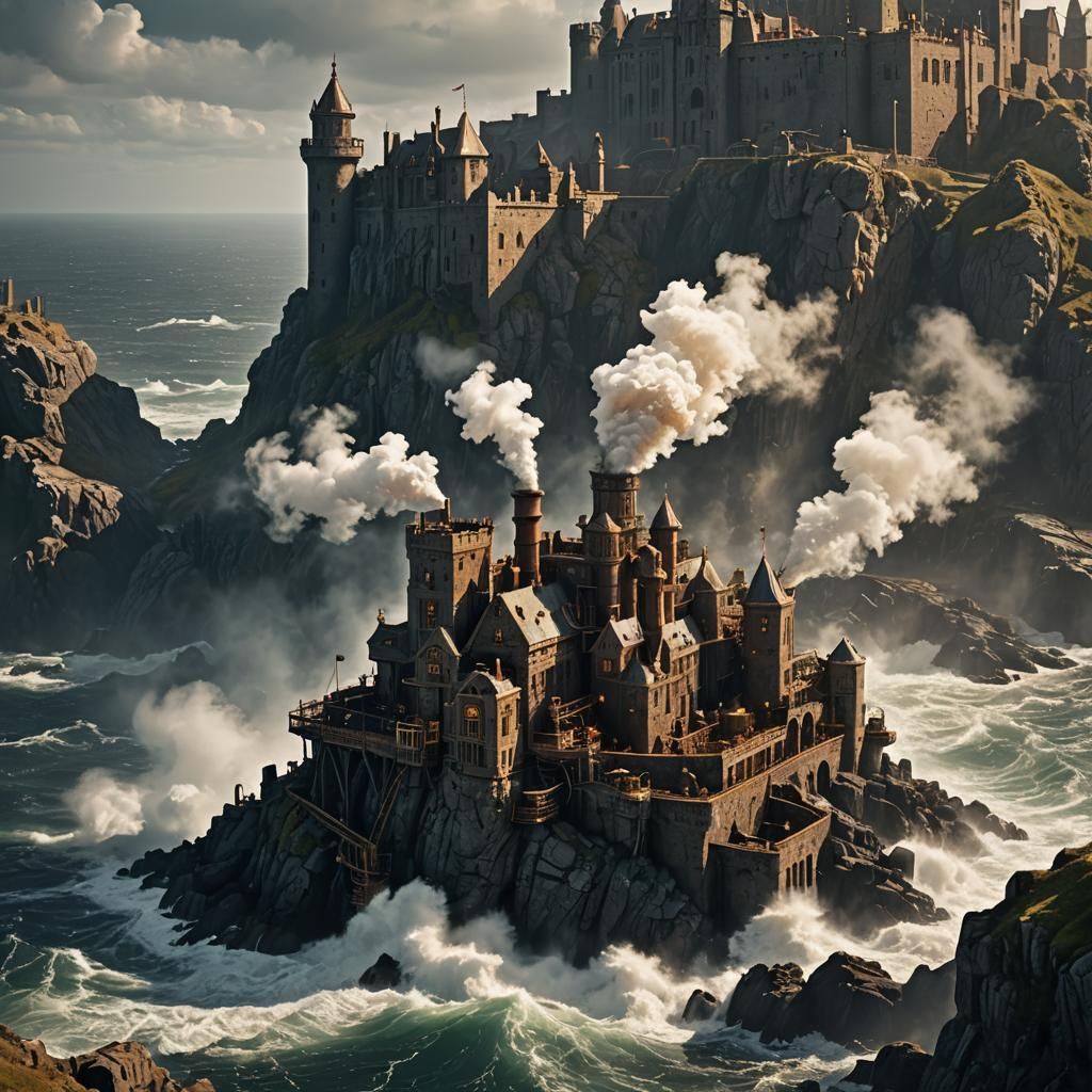 Steampunk Castle on Rocky Outcrop in Industrial Landscape