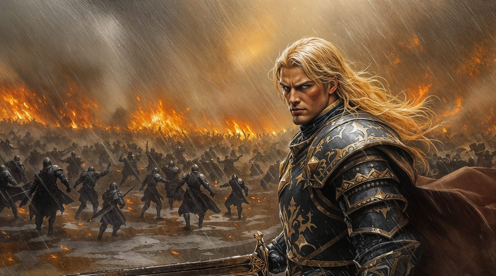 Golden Knight Amidst Fiery Battle