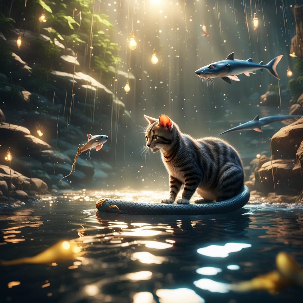 Cat and Snake in Perilous River, Hyperrealistic Art