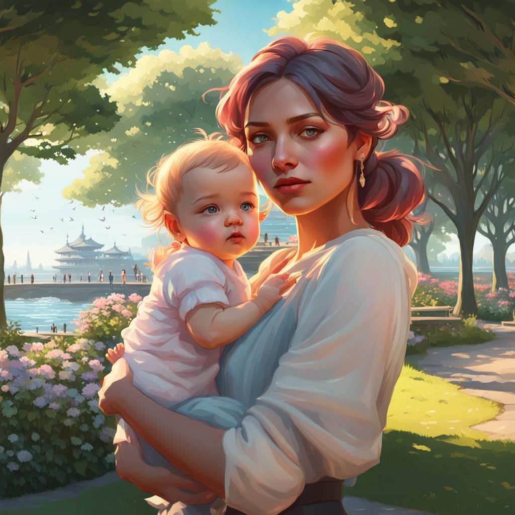 Mother and Baby Portrait in Anime Style