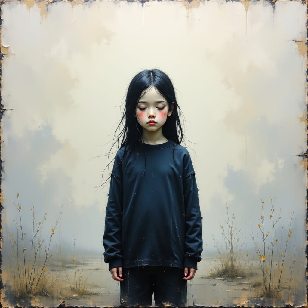 Melancholic Child in Dreamlike Impasto Landscape