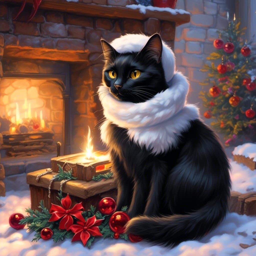 Cartoon Black Cat Relaxing by Fireplace in Fantasy Art
