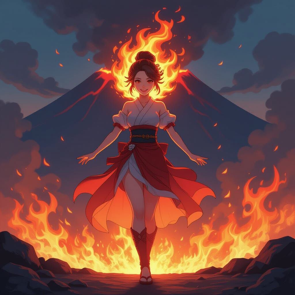 Fiery Spirit Woman Emerges from Volcano Landscape