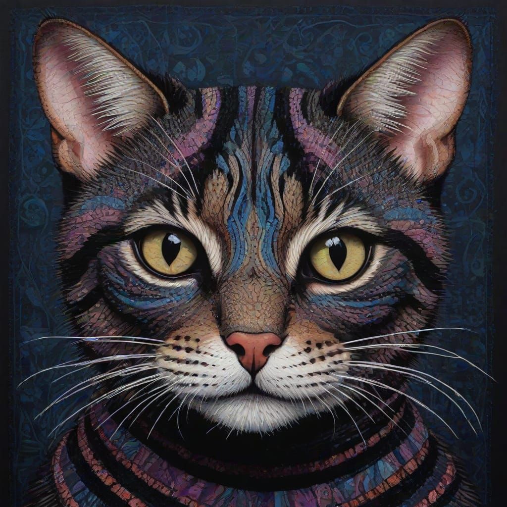 Whimsical Striped Cat in Collage Art Style