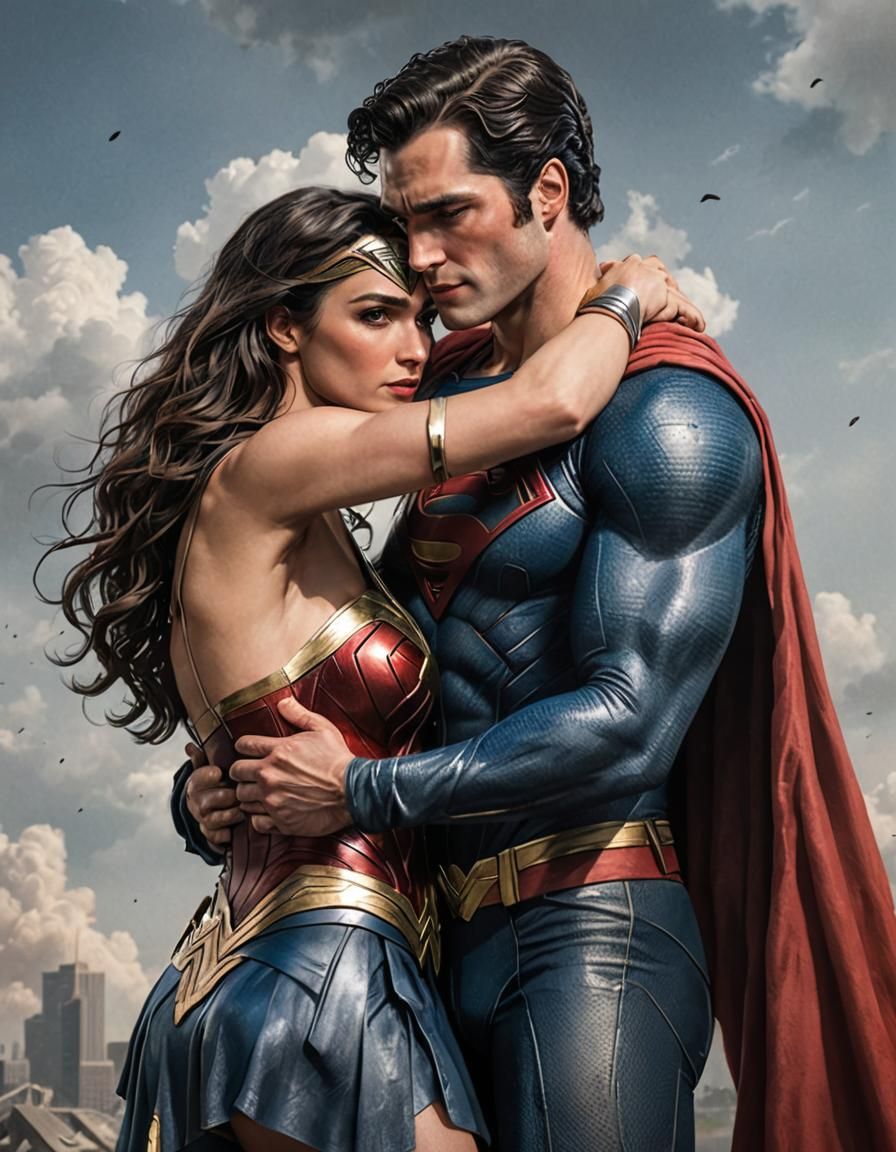Wonder Woman and Superman Embrace Art