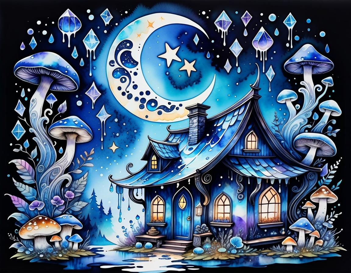 Blue Energy Pagan Home with Crystals in Watercolour