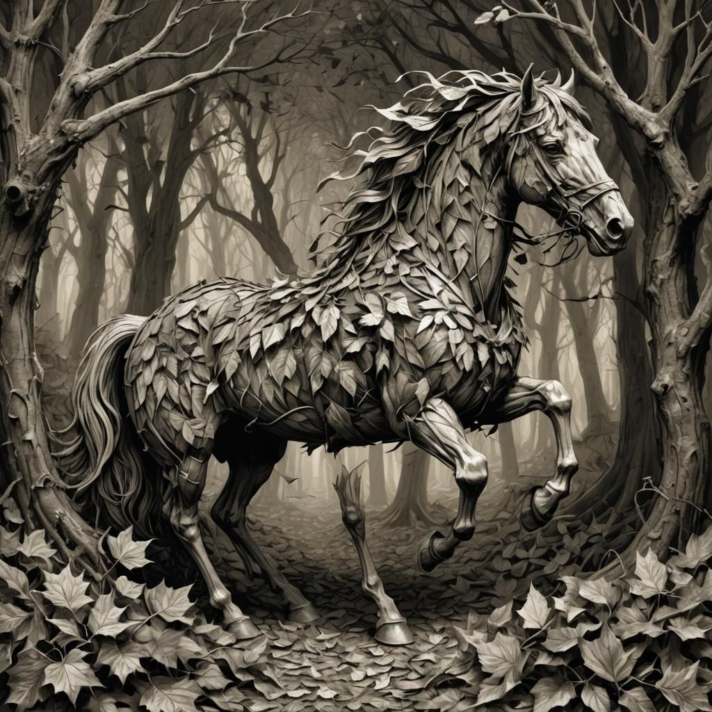 Ethereal Horse Made of Autumn Leaves