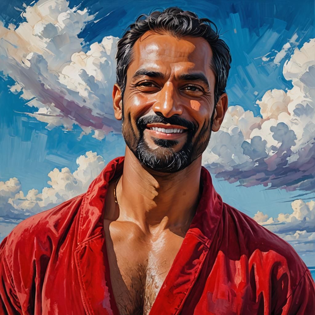 Neo-Expressionist Portrait of Man in Red Bathrobe