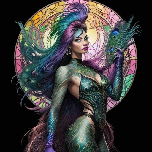 Rainbow Woman with Peacock Hair in Comic Art