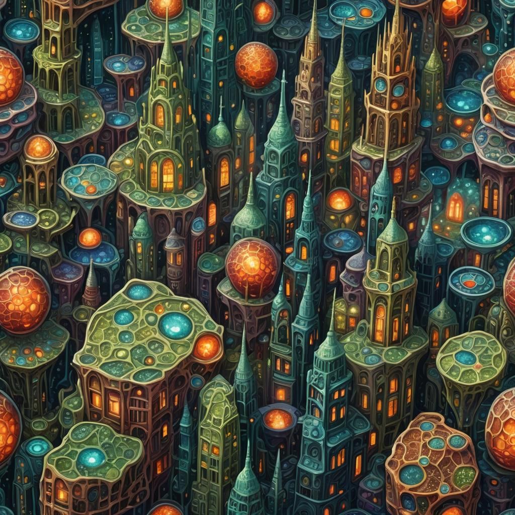 Microscopic Cityscape: Alien Plant Cell in Sci-Fi Style