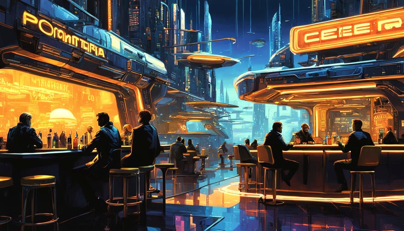 Sci-Fi Cafe-Bar \"PROMPTORIA\" in Cyberpunk City