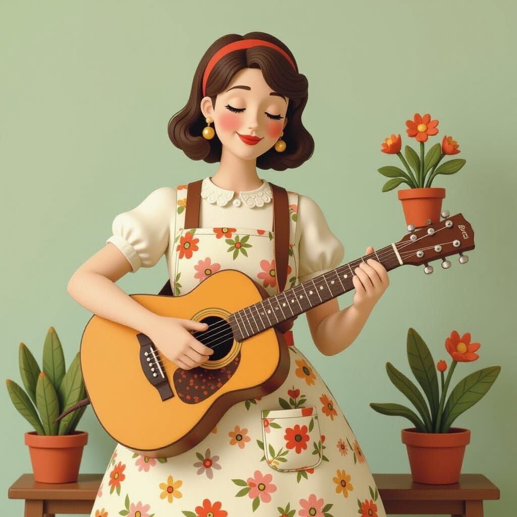 Whimsical Clay Figurine: Woman with Guitar and Plant