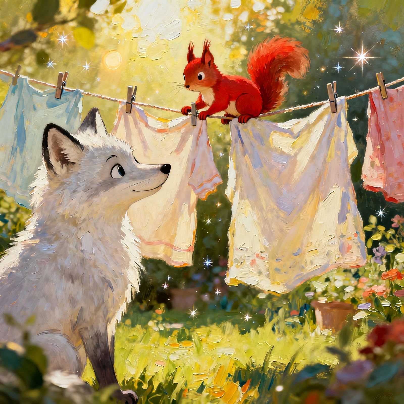 Arctic Fox and Squirrel Hanging Laundry in Garden