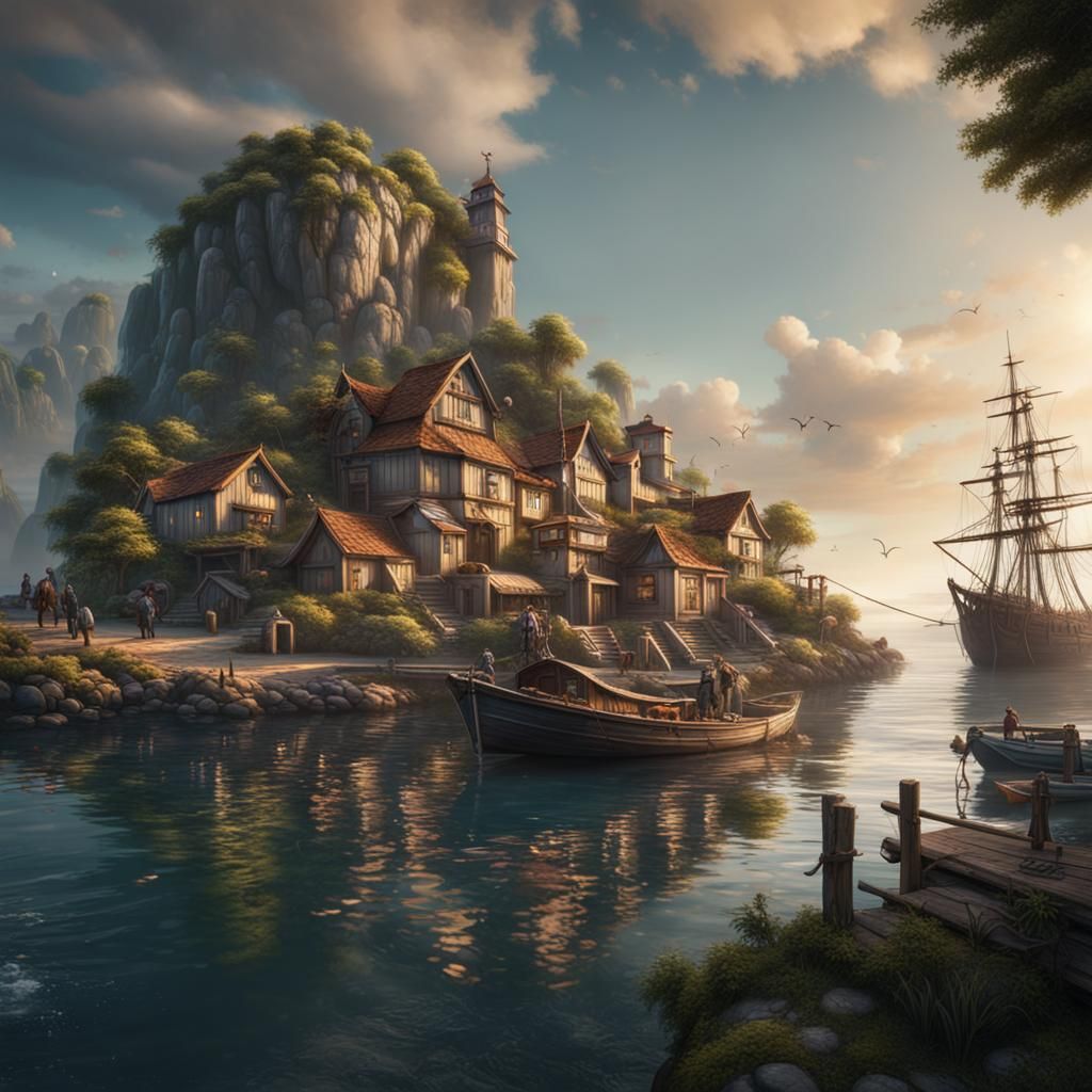 Picturesque Fishing Harbor on Island, Detailed Matte Paintin...