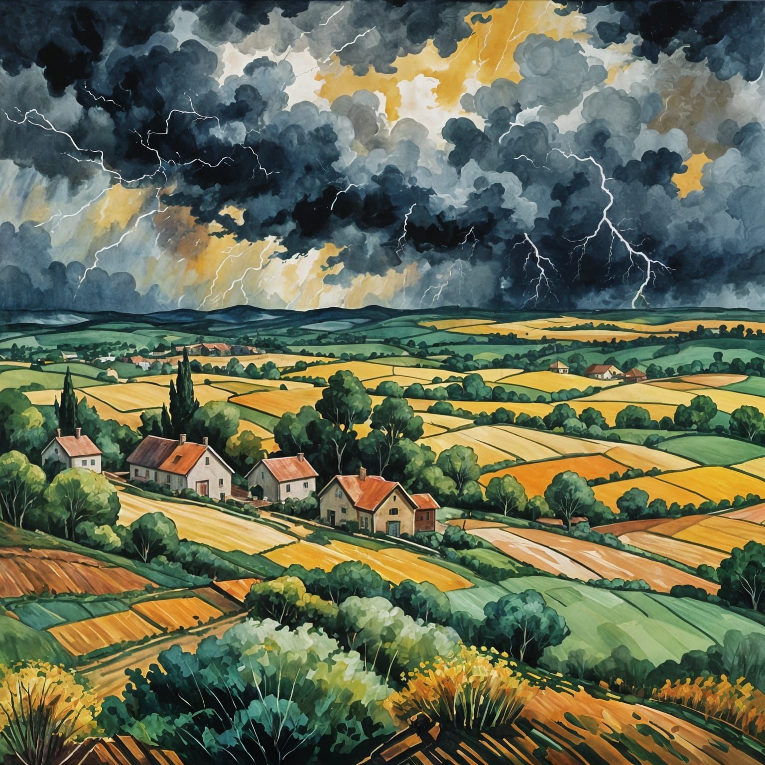 Country Village Thunderstorm in Gouache Style