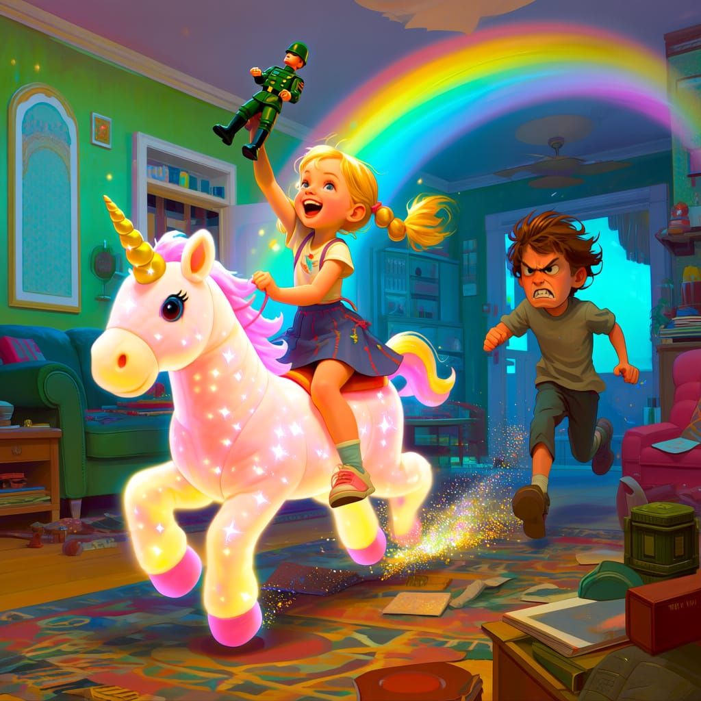 Girl on Magical Unicorn Evades Angry Brother in Detailed Dig...