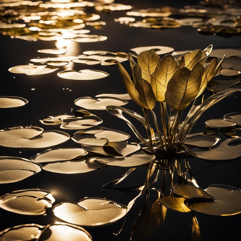 Glass Tree Reflects Golden Light on Lilypads