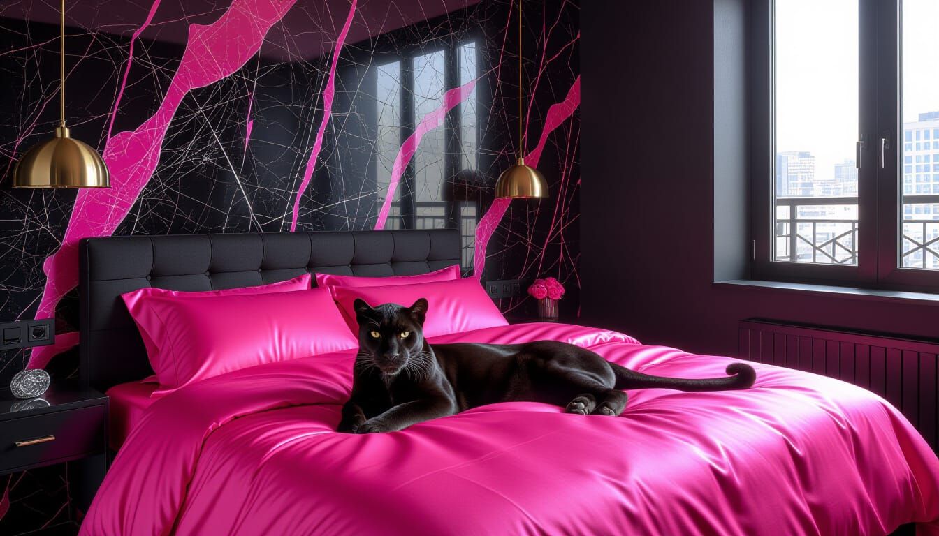 Black and Pink Marble Bedroom with Panther