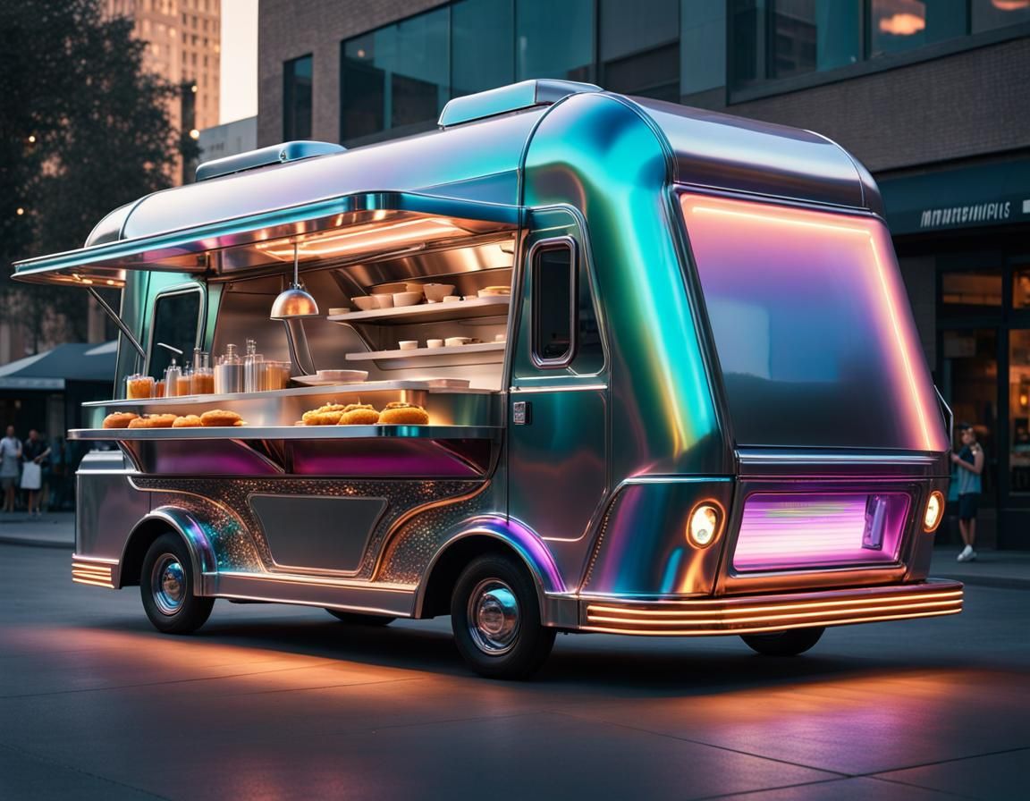 Sleek Levitating Food Truck in Utopian Setting
