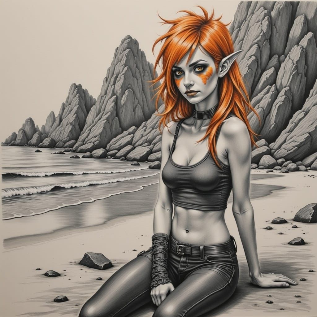 Punk Rock Elf Charcoal Drawing with Orange Hair