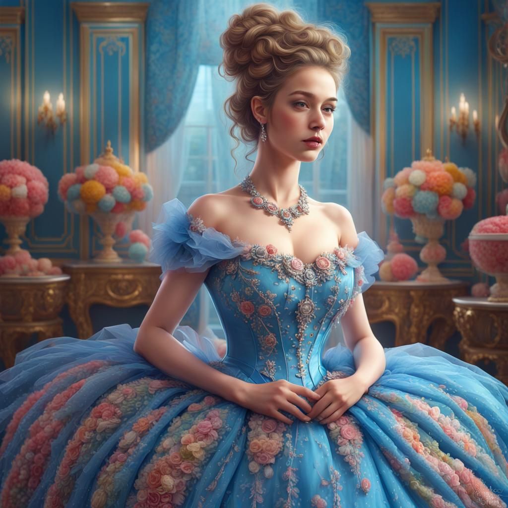 Girl, wearing a blue color luxurious Ball fancy beautiful gown, medium shot, perfect timing, sharp focus, highly detaile...