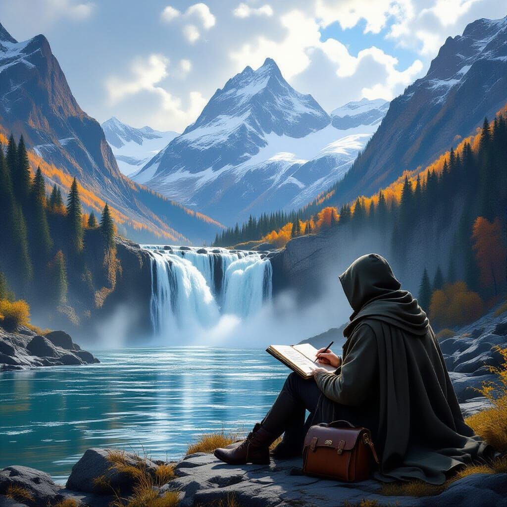 Traveler Sketches Autumn Waterfall in Cinematic Style