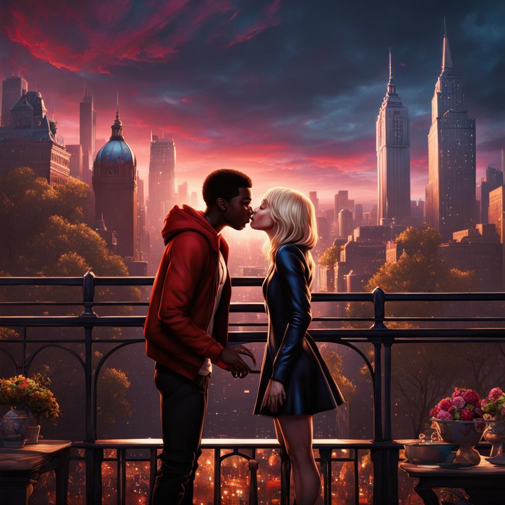 Miles Morales and Gwen Stacy Kiss: Detailed Matte Painting