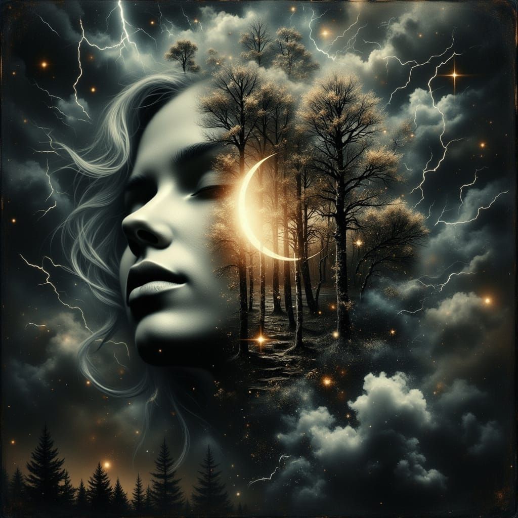 Surreal Portrait with Contrasting Landscapes and Eclipse