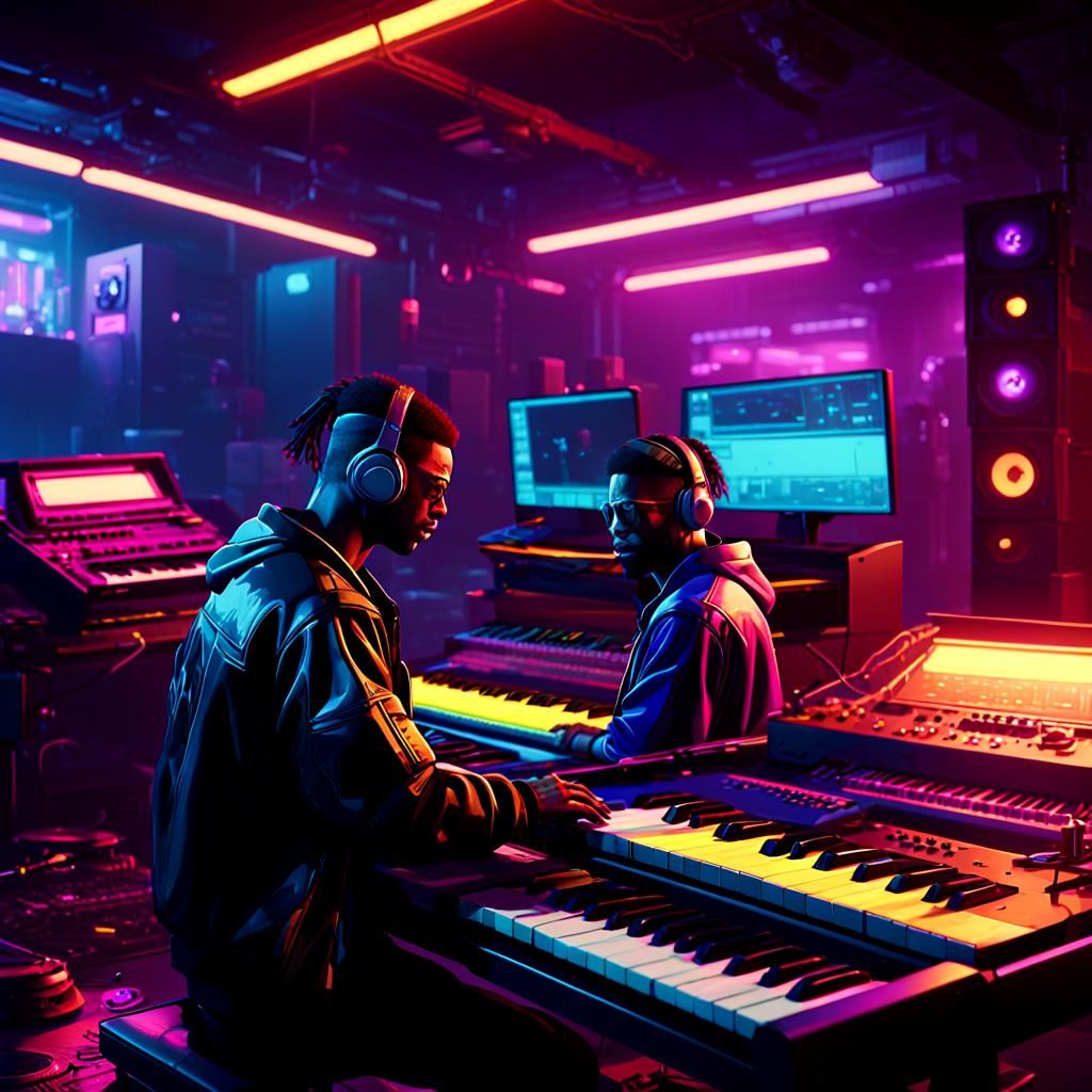 Cyberpunk Brothers in Neon-Lit Recording Studio